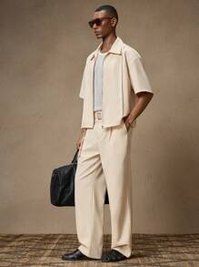 AKNOTIC Business Casual 2pcs/Set Men's Khaki Casual Loose Short Sleeve Shirt And Elastic Waist Straight Leg Pants Suit Set, Ideal For Summer, Vacation, Daily Wear, Party, Couple Outfit, Father's Day Gift - Khaki - View 3