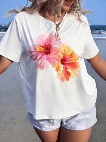 SHEIN EZwear Plus Size Casual Hibiscus Flower Printed Round Neck Short Sleeve T-Shirt, Loose Fit, For Summer - White - View 2
