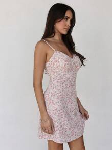 Roylia Sweet Ditsy Floral Backless Spaghetti Strap Dress - Pink - View 4