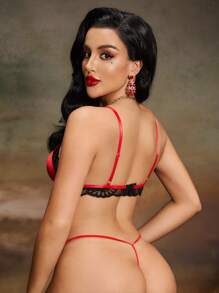SHEIN Bra Lingerie Tanpa Jahitan Tanpa Kawat dengan Renda Kontras untuk Wanita - Hitam - View 2