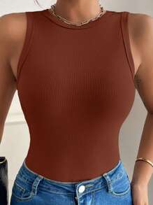 SHEIN VCAY Plus Size Casual Versatile Solid Color Tank Top - Mocha Brown - View 5