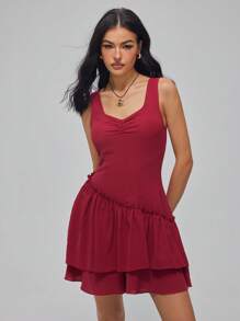 Roylia Women's Elegant Sweetheart Neck Drawstring Ruffle Hem Fitted Romper, Summer - Red - View 3