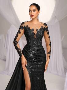 Glamrae Vestido largo tipo sirena de satén con bordados elegantes, encaje, lentejuelas y cola, adecuado para bodas, fiestas, bailes de graduación y cocteles - Vestido formal, elegante y de alta calidad para ocasiones especiales, invitados de boda - Negro - Ver 7