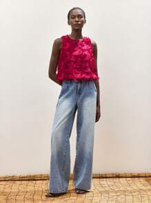 Maija Top débardeur sans manches pour femmes, style bohème de vacances décontracté, avec encolure ronde, ourlet à volant, décor de plumes, en jacquard fuchsia. Confortable pour le printemps/été.