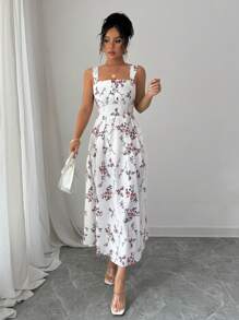 Elenzga Najnowsza moda wiosna/lato Elegancka sukienka marszczona w talii z kwiatowym nadrukiem dla kobiet