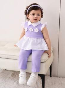 SHEIN 女宝宝可爱夏季针织二合一拼色盖袖碎花上衣和松紧腰裤套装 - 紫色 - 查看 1