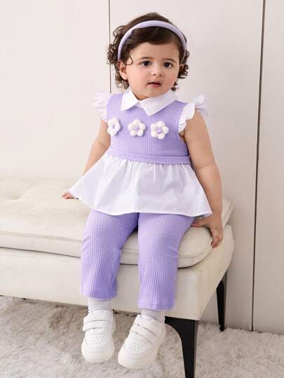 SHEIN Baby Girls Cute Summer Knit 2 In 1 Colorblock Cap Sleeve Floral Top And Elastic Waist Pants Set