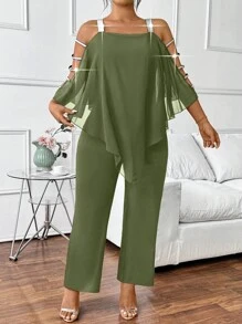 Elenzga 大码女式优雅雪纺上衣搭配银色丝带装饰连体裤