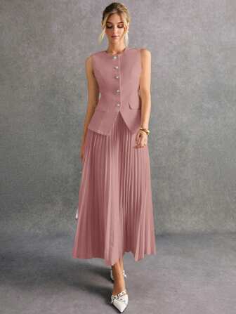 Poéselle 2 件女士优雅纯色背心和百褶裙套装套装女士办公室服装商务女性服装职业女性服装，百褶裙套装两件套女士优雅背心和裙子套装女士百褶连衣裙夏季优雅连衣裙秋冬