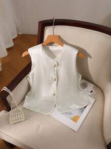 SHEIN Clasi Áo khoác mỏng Jacquard phong cách Trung Hoa mới bằng vải Acetate Satin cho nữ - trắng - Xem 1