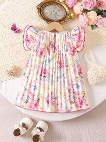 SHEIN Cute Baby Girl Summer Vacation Floral Print Pleated Loose Mini Dress With Cap Sleeves - Multicolor - View 2