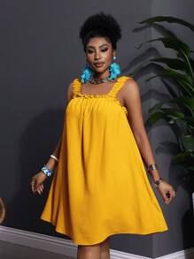 Slaydiva 大码无袖纯色休闲度假连衣裙 - 黃色 - 查看 4