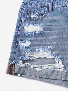SHEIN EZwear 女性偏乾磨邊牛仔短褲，帶破洞口袋 - 淺色水洗藍 - 查看 4