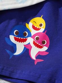 BABY SHARK X SHEIN Baby Boy Summer Cute Cartoon Shark Family Printed Short Sleeve T-Shirt & Shorts 2 Pieces Set