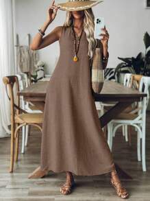 EMERY ROSE Vestido maxi suelto y cómodo de unicolor, con cuello en V y sin mangas, para mujer