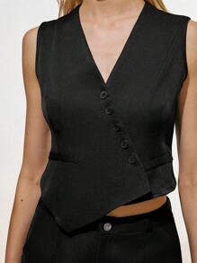 Lumivelle 女式 V 领纽扣不对称下摆西装外套 - 黑色 - 查看 1