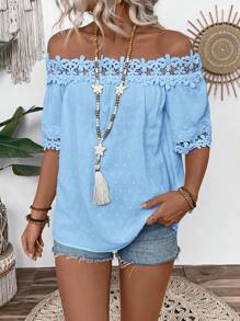 SHEIN LUNE Blusa de manga corta con detalles florales, textura y patchwork de encaje - Azul - Ver 7