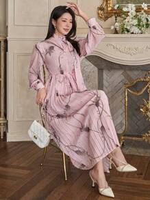 DAZY Vestido plisado de manga farol con estampado floral elegante, vestido de manga larga para primavera/otoño - Rosa - Ver 7