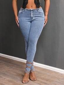 SHEIN SXY Jeans skinny taille basse, lavés, avec ourlet effiloché, pour femmes, décontractés