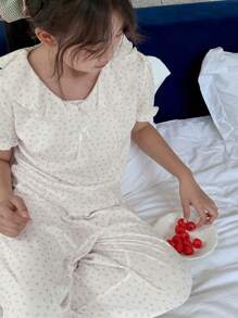 DAZY Conjunto de pijama con top de manga corta con volantes y estampado floral diminuto y pantalones para niñas preadolescentes, atuendos de verano para niñas, ropa de vuelta al colegio - Beis - Ver 3