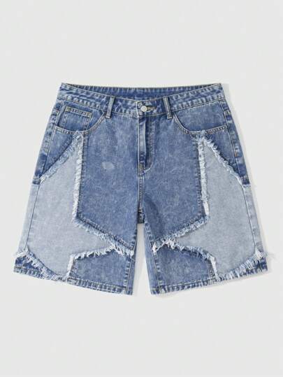 Street Life Herren Denim Shorts mit Sternen Patchwork Tasche, lässiger Jorts-Stil
