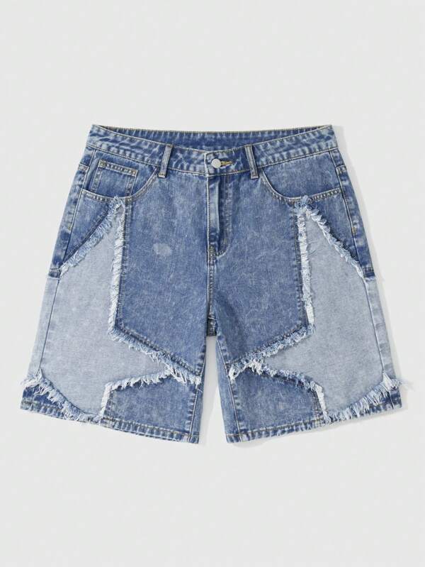 ROMWE MEN Street Life Men's Star Patch Pocket Casual Denim Shorts Jorts