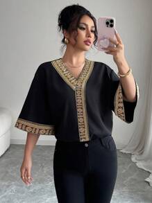 Chiquease Women's Elegant Batwing Sleeve Blouse, Loose Design, Golden Decorative Ribbon, Middle Eastern Style Latest Spring/Summer Fashion - Black - View 6