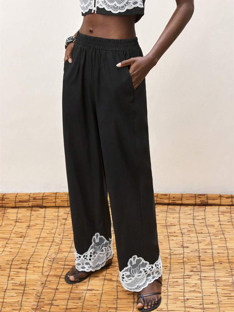 SHEIN Maija Women's Black Casual Loose Straight Leg Pants, Elastic Waist, Color Contrast Lace Patchwork, Slant Pockets, Elegant & Fashionable For Summer