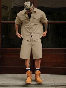 DAZY 男士纯色休闲衬衫套装 - 短袖衬衫和短裤，春夏季舒适服装 - 卡其色 - 查看 4