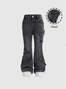 Young Girl Pocket Embroidered Flare Jeans - Dark Grey - View 1