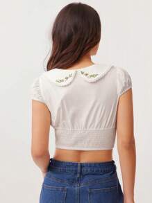 WESTFADE 100% Cotton Cổ chữ V Phong cách miền Tây mùa hè Cổ áo thêu hoa Nơ dễ thương Thắt nơ phía trước Eo ngắn Tay lửng Áo crop top bó sát Nữ cao bồi Rodeo Nashville Kỳ nghỉ Mùa xuân Thanh lịch Thường ngày - trắng - Xem 5