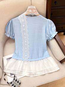 SHEIN Unity Camisa de manga corta con panel de gasa y volantes en el bajo - Azul y blanco - Ver 2