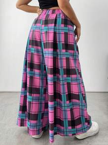 Flirla Plaid Color Contrast Waistband Bow Decor Loose Pants - Pink - View 2