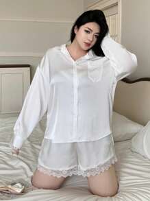 Dazy Plus Conjunto de pijama blanco de manga larga holgado con contraste de encaje estilo camisa
