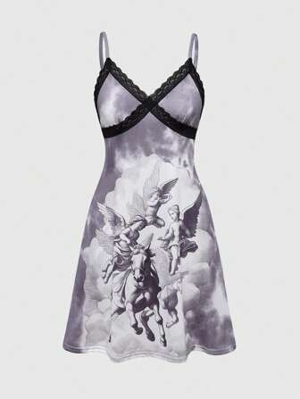 Goth Camisón de encaje con patrón de ángel gótico