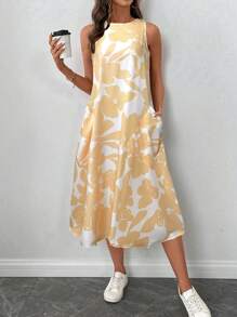 SHEIN LUNE 奶油黄春夏女式碎花A字中长连衣裙，带口袋，女式碎花连衣裙，黄色连衣裙 - 黃色 - 查看 3