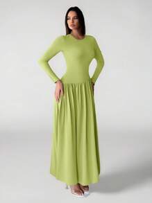 SHEIN Tall 女式纯色圆领长袖褶皱连衣裙 - 綠色 - 查看 6