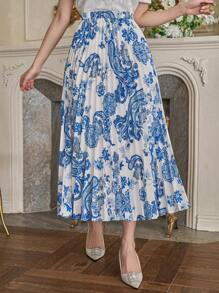 DAZY 蓝白瓷纹松紧腰女士中长裙