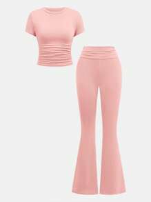 SHEIN Conjunto casual a juego para adolescentes de unicolor, con camiseta con volantes y pantalones con pierna acampanada - Rosa - Ver 8