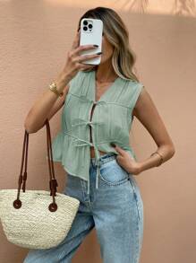 SHEIN Frenchy 女士无袖纯色休闲衬衫，适合夏季 - 水鴨藍 - 查看 6