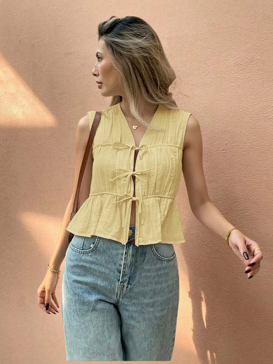 SHEIN Frenchy 女士无袖纯色衬衫，时尚夏装 - 黃色 - 查看 1
