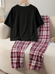 青少年女孩睡衣套装 - 黑色针织圆领上衣，蝴蝶结装饰，全身格子印花裤，舒适的两件套睡衣 - 黑色 - 查看 2
