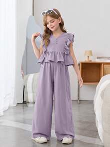 SHEIN Leap Crew Tween Girls Chiffon Ruffled V-Neck Blouse With Bowknot & Wide Leg Pants 2Pcs Casual Set, Countryside Style For Spring Outing, Garden Afternoon Tea - Mauve Purple - View 1