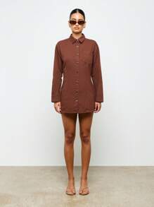 AiiRZ Fitted Button Down Long Sleeve Denim Shirt Dress Mini Length Western Style Fall Winter Fashion Casual Day Wear - Coffee Brown - View 3