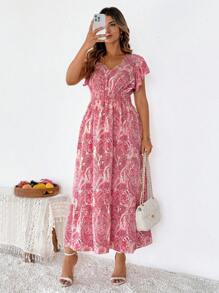 SHEIN Clasi Plus Size V-Neck Short Sleeve Dress, Fashionable For Summer For Women Plus Size Dresses For Women Resort Wear For Women Plus Dresses For Women Mother Day Mom Mother Mommy Mother's Day Dress Women Floral Dress Women's Spring Dresses Women Wedding Guest Dress Women Outfit,Sun Dresses For Women