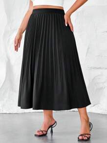 SHEIN LUNE Plus Size Women's Elegant Solid Color Pleated Elastic Waist A-Line Skirt, Summer - Black - View 3