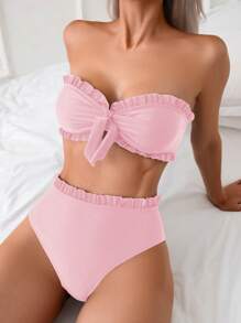 SHEIN Swim 女式夏季海滩纯色荷叶边抹胸比基尼套装，前结两件套泳衣，黑色泳衣 - 粉色 - 查看 1