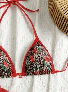 Swim Mod Women's Leopard Cherry Print Vacation Beach Swimsuit Set For Summer - Multicolor - View 3