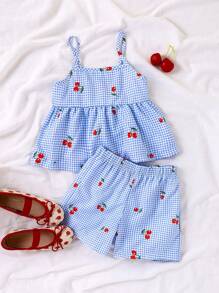 SHEIN Vintaside Kids Young Girl Plaid Cherry Print Camisole Top And Shorts Set, Summer Cool And Comfortable Outfit For Outdoor Activities Summer Holiday