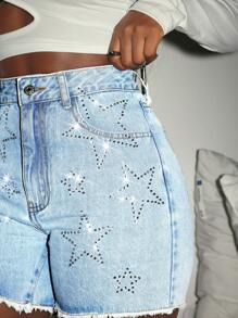Slaydiva Damen Lässig Gerade Bein Jeans Shorts mit Strass Verzierung
